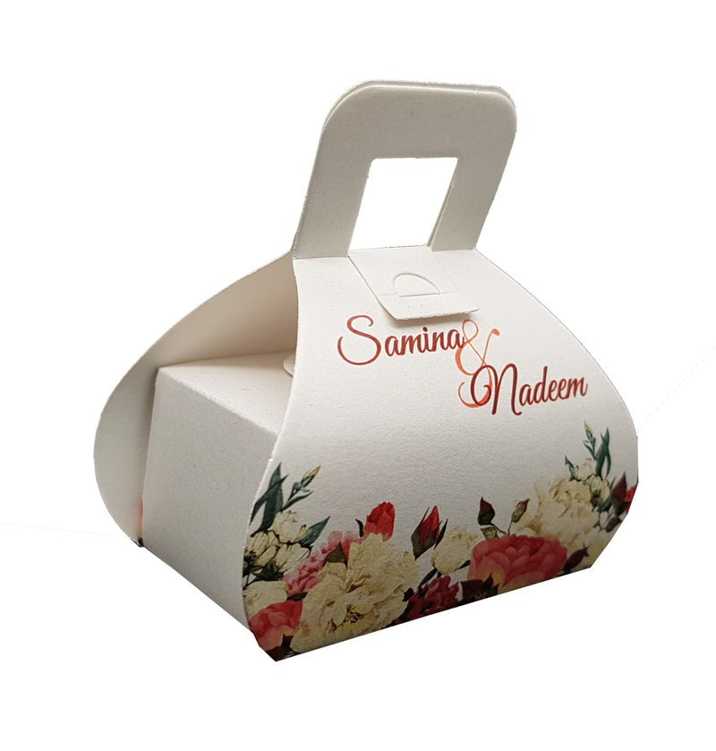 Side View of Personalised favor boxes from shadi cards with a floral watercolor design