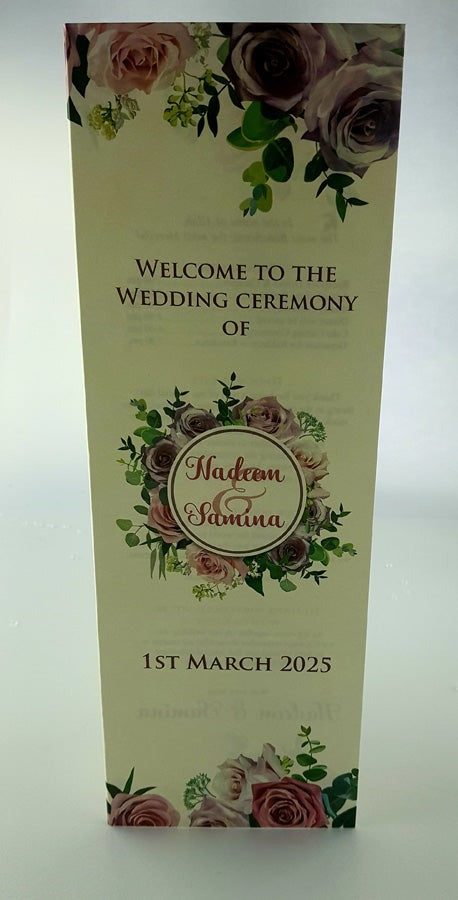 Front view of the Floral Portrait Wedding Table menu with Couples names and theme from Shadi Cards