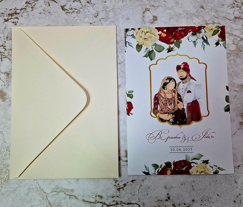 Front View Desi Pakistani Indian Sikh couple in traditional wedding clothes Invitation with red and cream flowers