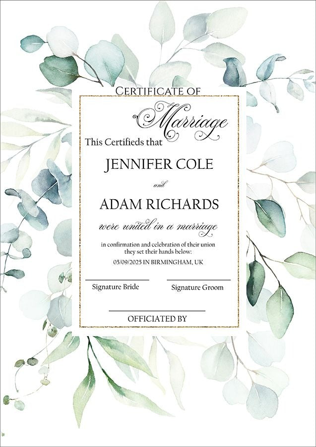 Back photograph of marriage certificates, personalized marriage certificates, custom marriage certificates, wedding certificates, wedding keepsakes, from saddi cards