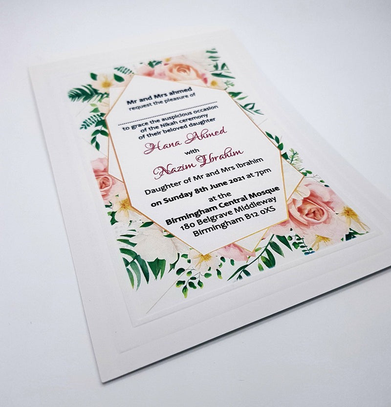 Stacked view of Wedding and party invitation with a peach floral design from Shaadi cards