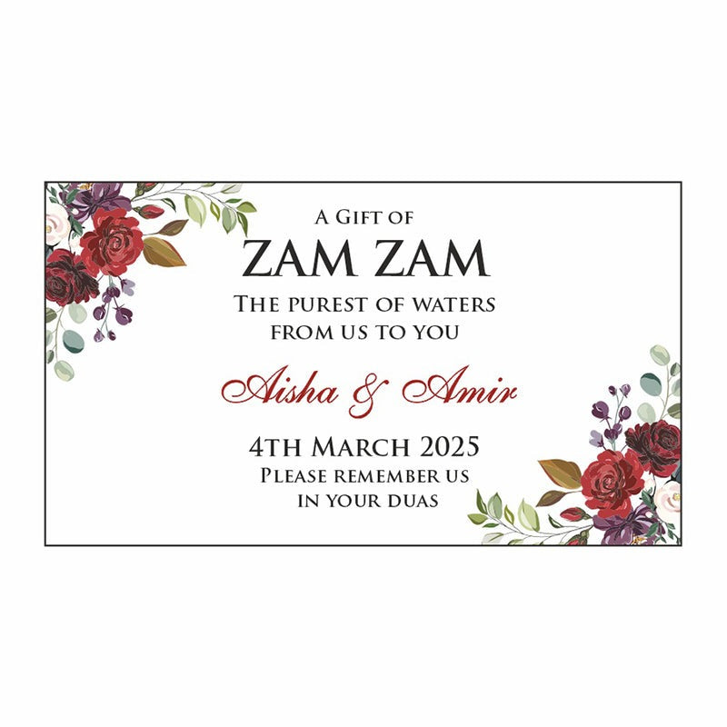front view of ZamZam Bottle sticker lables for botlles and gift wrapping with floral maroon and red flowers