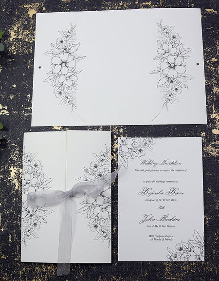 Black line drawn flowers invitation with silver ribbon