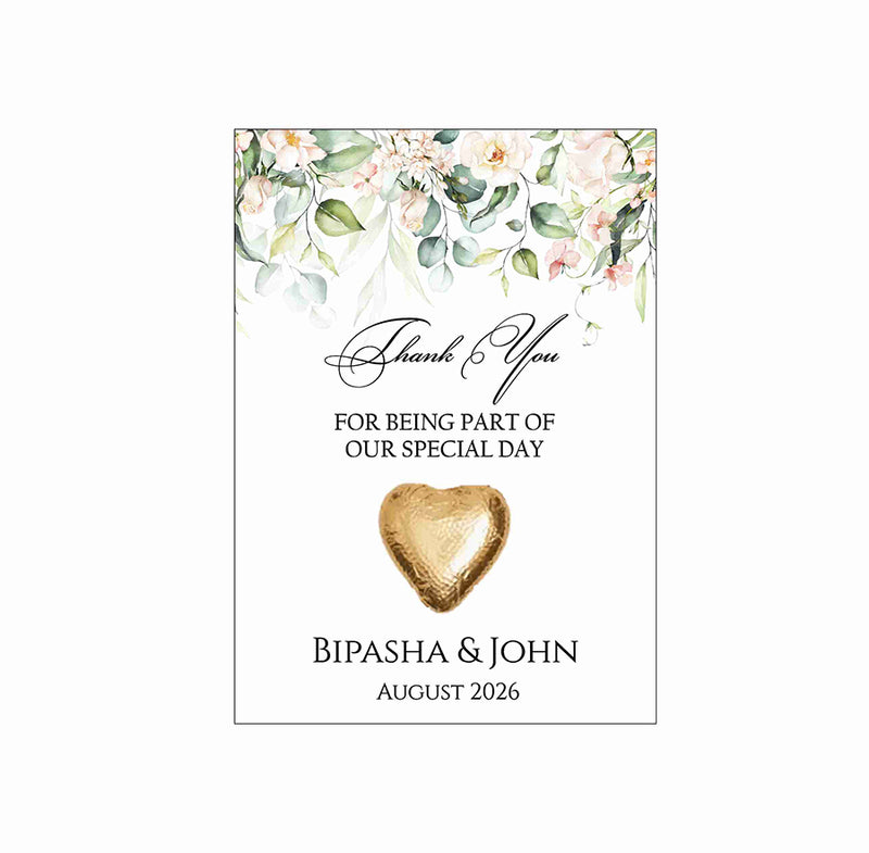 peach and green floral flat favour for chocolate wedding party