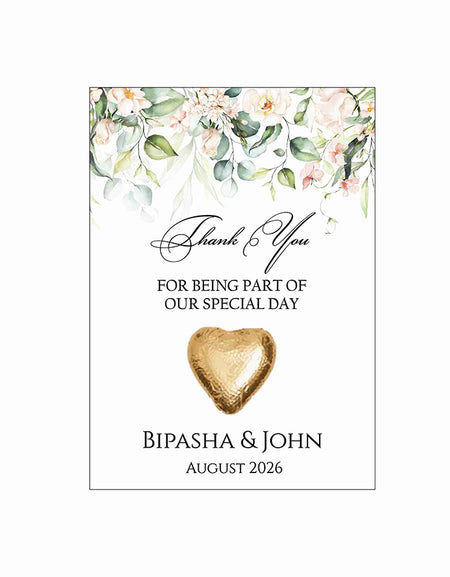 peach and green floral flat favour for chocolate wedding party