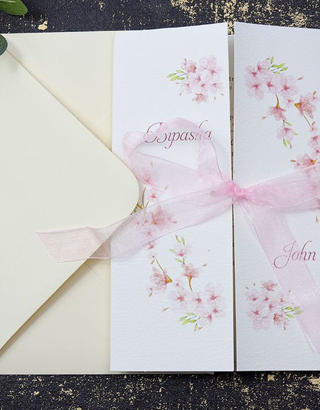 ABC 1175 A5 Gatefold Pink Floral Invitation - Customizable Design with Matching Pink Sheer Ribbon