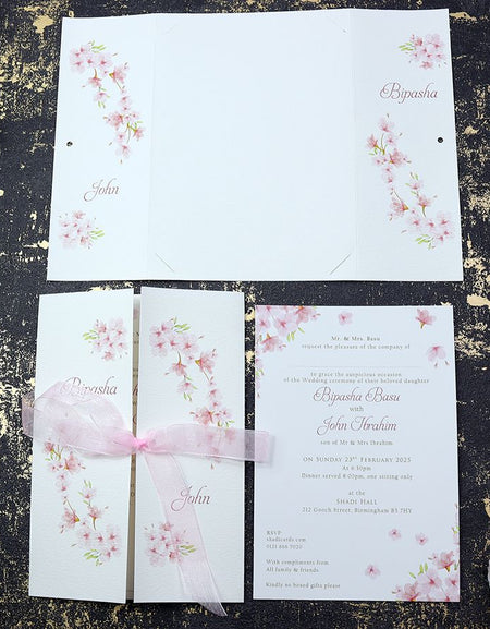 ABC 1175 A5 Gatefold Pink Floral Invitation - Customizable Design with Matching Pink Sheer Ribbon