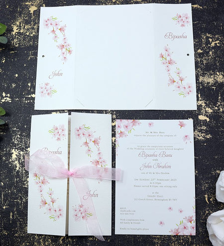 ABC 1175 A5 Gatefold Pink Floral Invitation - Customizable Design with Matching Pink Sheer Ribbon