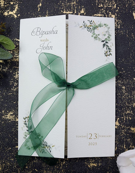 ABC 1176 Floral Gatefold Green Ribbon Personalised Invitation