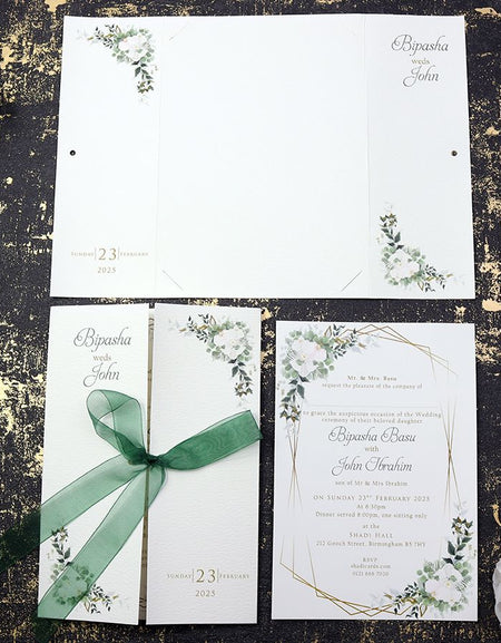 ABC 1176 Floral Gatefold Green Ribbon Personalised Invitation