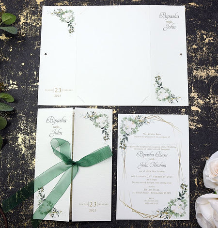 ABC 1176 Floral Gatefold Green Ribbon Personalised Invitation