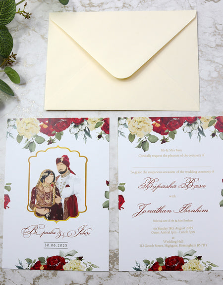 ABC 1150 Floral A5 Double-Sided Invitation - Traditional Asian Bride & Groom in Frame Design