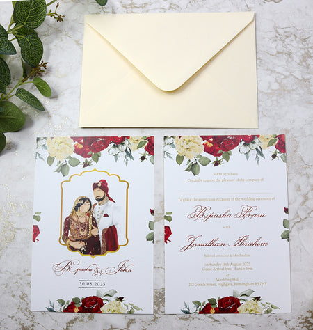 ABC 1150 Floral A5 Double-Sided Invitation - Traditional Asian Bride & Groom in Frame Design