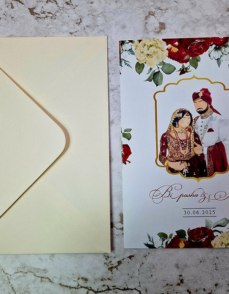ABC 1150 Floral A5 Double-Sided Invitation - Traditional Asian Bride & Groom in Frame Design