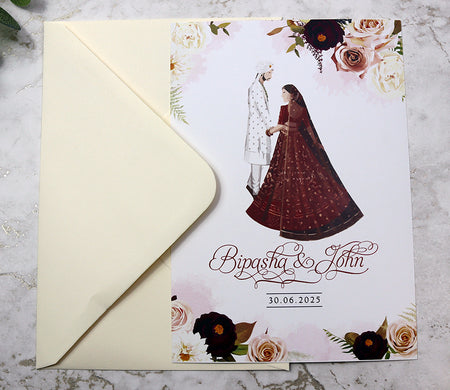 Groom in Sherwani, bride in Lehnga caricature Indian bridal couple wedding invitation
