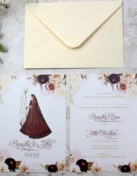 Pakistani Couple in Desi Attire red dress floral Invitation