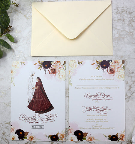 Pakistani Couple in Desi Attire red dress floral Invitation