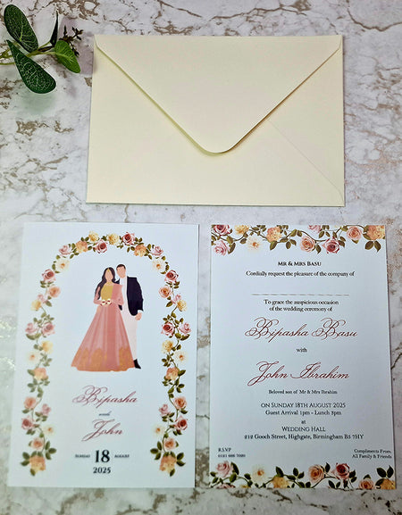 ABC 1152 Floral A5 Double-Sided Invitation - Desi Couple in Indian Attire with Pink & Ivory Floral Border