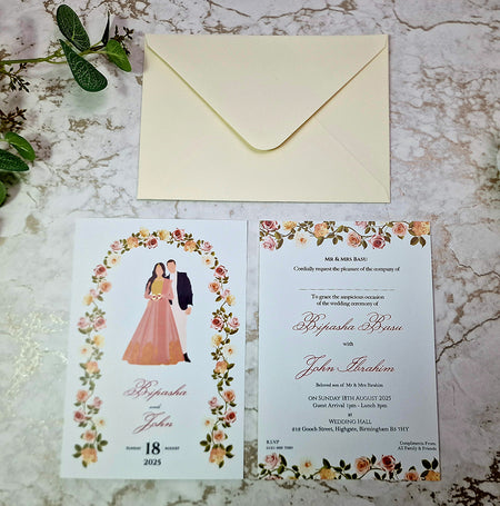 ABC 1152 Floral A5 Double-Sided Invitation - Desi Couple in Indian Attire with Pink & Ivory Floral Border