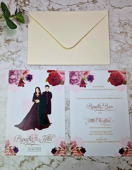 Dark Red Flowers with Indian Couple Double sided Wedding Card