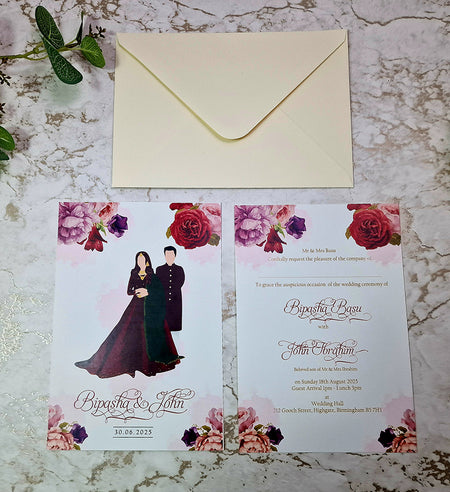 Dark Red Flowers with Indian Couple Double sided Wedding Card