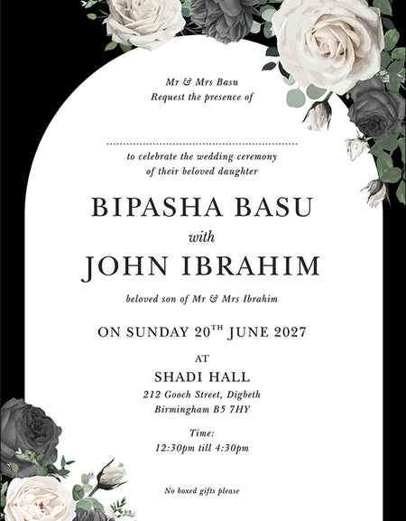 Side view of the A5 flat black and white arch wedding invitation card from shadi cards