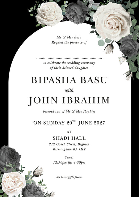 Side view of the A5 flat black and white arch wedding invitation card from shadi cards