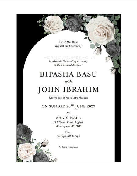 Front view of the luxurious black and white arch wedding invitation, featuring elegant hand-drawn roses with lush green leaves from Shaadi Cards