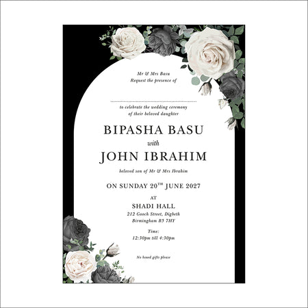 Front view of the luxurious black and white arch wedding invitation, featuring elegant hand-drawn roses with lush green leaves from Shaadi Cards