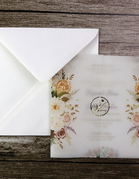 Translucent Wedding Card with gorgeous yellow and peach coloured flowers - Shadicards.com