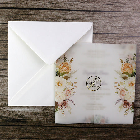 Translucent Wedding Card with gorgeous yellow and peach coloured flowers - Shadicards.com