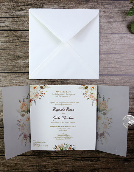 translucent gatefold vellum party invitations in peach, purple & ivory flowers