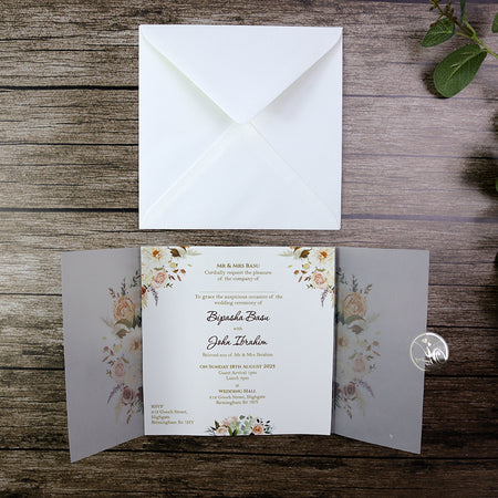 translucent gatefold vellum party invitations in peach, purple & ivory flowers