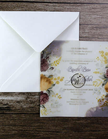 Gorgeous Floral Vellum Wedding Invitation with Yellow and maroon flowers