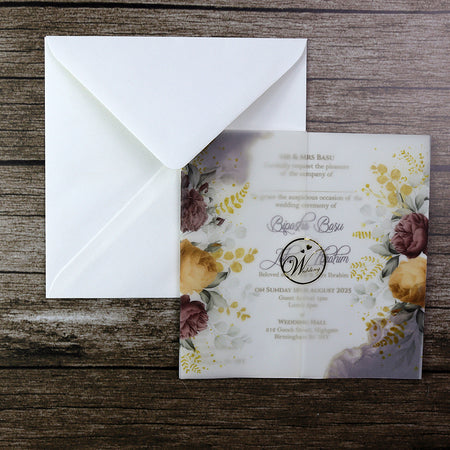 Gorgeous Floral Vellum Wedding Invitation with Yellow and maroon flowers