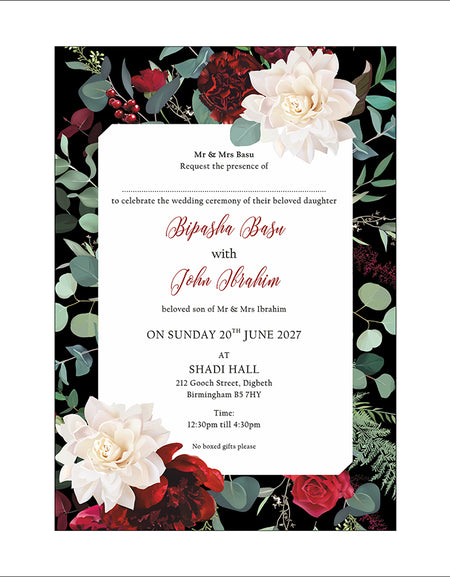 Side view of Elegant Black Border Wedding Invitation card with Maroon and white Flowers & Greenery