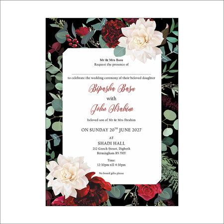 Side view of Elegant Black Border Wedding Invitation card with Maroon and white Flowers & Greenery