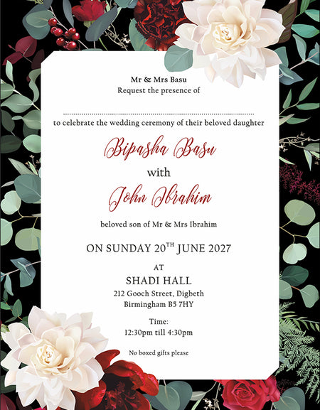 Front view of the Elegant Black Border Wedding Invitation with Maroon Flowers & Greenery