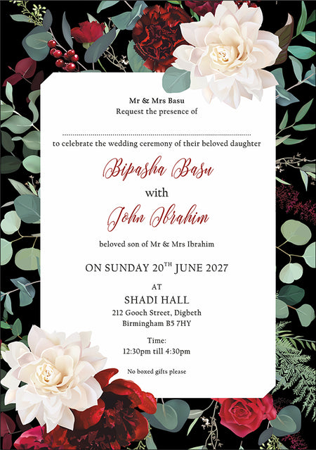 Front view of the Elegant Black Border Wedding Invitation with Maroon Flowers & Greenery