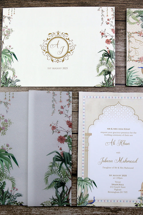 Load image into Gallery viewer, ABC 1284 Mughal-Themed Vellum Wedding Invitation with matching card envelope
