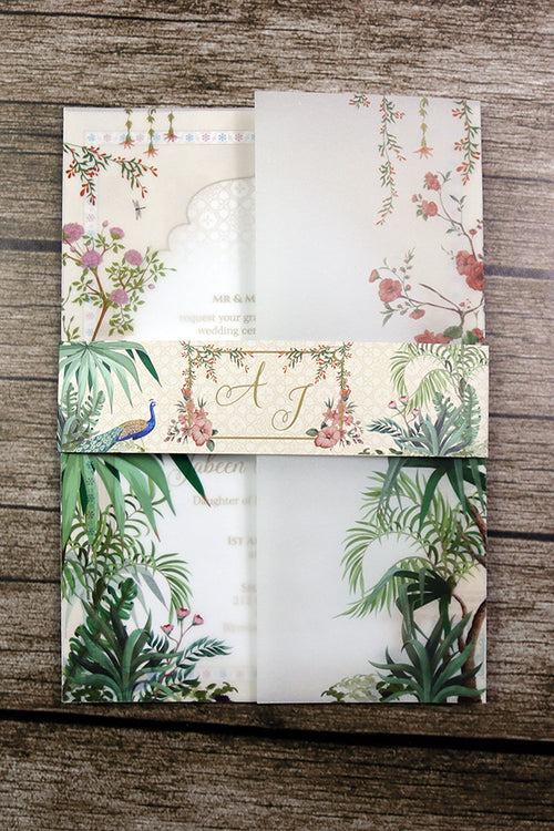 Load image into Gallery viewer, ABC 1284 Mughal-Themed Vellum Wedding Invitation with matching card envelope

