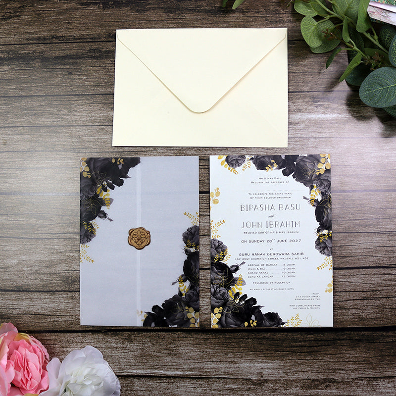 ABC 1285 Translucent Black Floral Vellum Invitation with Gold Wax Seal