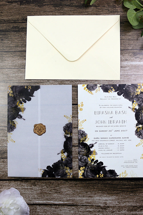 Load image into Gallery viewer, ABC 1285 Translucent Black Floral Vellum Invitation with Gold Wax Seal
