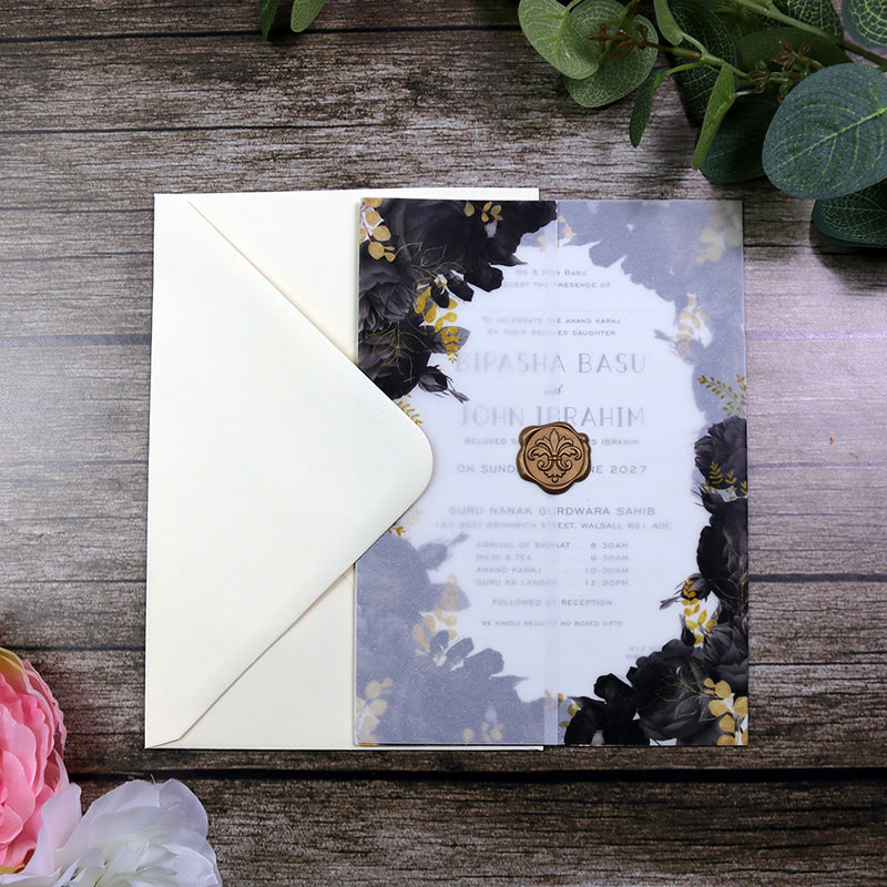 ABC 1285 Translucent Black Floral Vellum Invitation with Gold Wax Seal