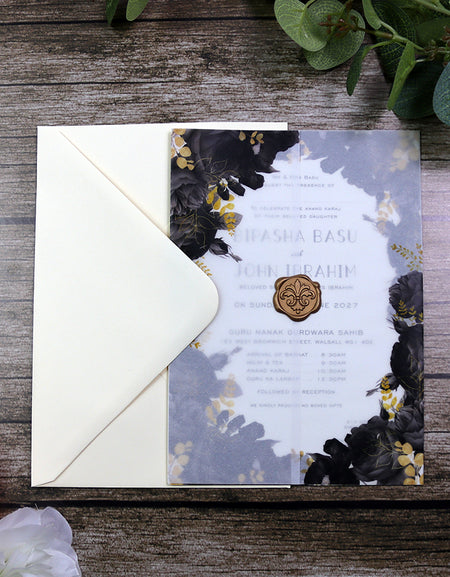 ABC 1285 Translucent Black Floral Vellum Invitation with Gold Wax Seal