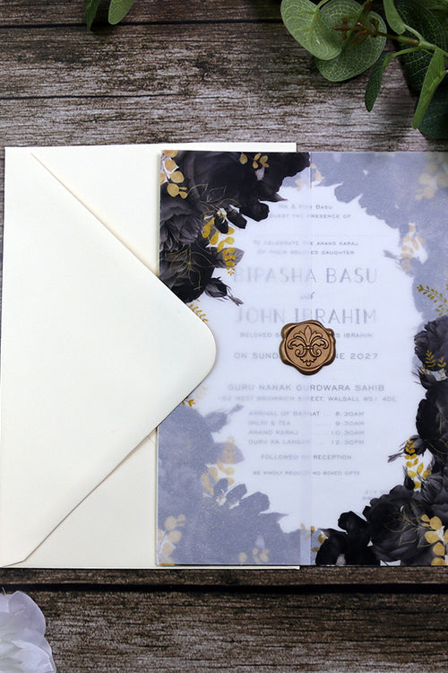 Load image into Gallery viewer, ABC 1285 Translucent Black Floral Vellum Invitation with Gold Wax Seal
