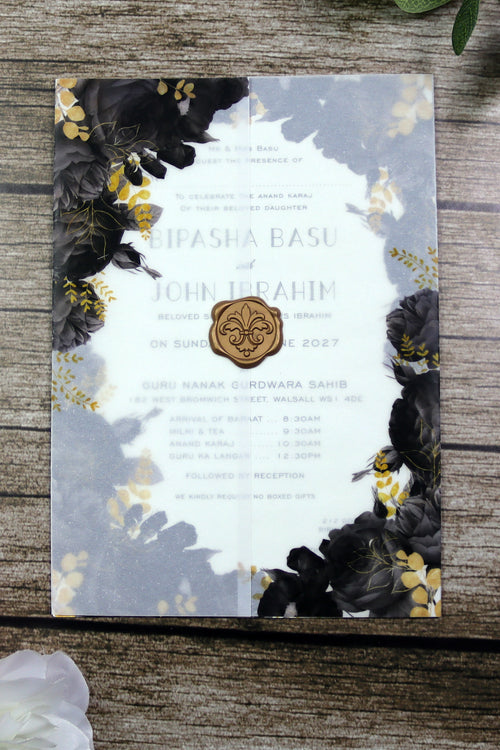 Load image into Gallery viewer, ABC 1285 Translucent Black Floral Vellum Invitation with Gold Wax Seal
