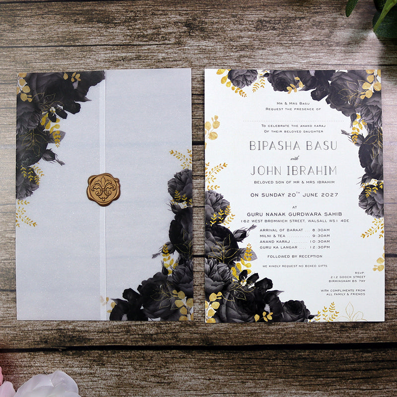 ABC 1285 Translucent Black Floral Vellum Invitation with Gold Wax Seal