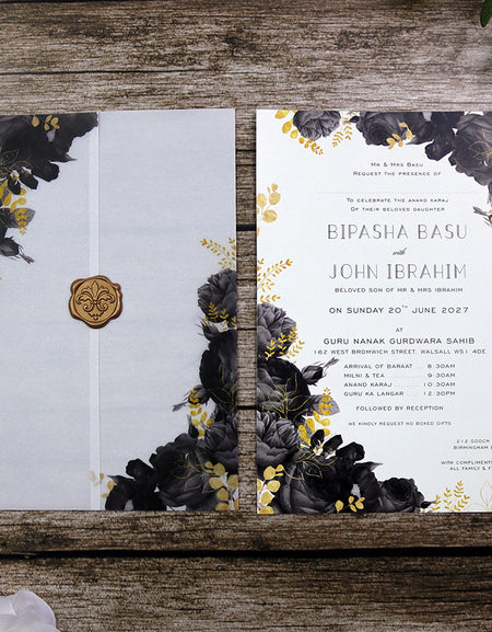 ABC 1285 Translucent Black Floral Vellum Invitation with Gold Wax Seal