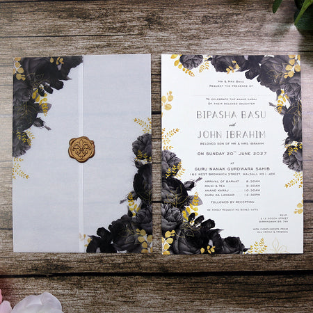 ABC 1285 Translucent Black Floral Vellum Invitation with Gold Wax Seal